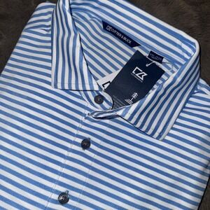 Cutter & Buck Men's Pique Golf Polo Shirt Sleeve Shirt Blue Striped XXL NWT